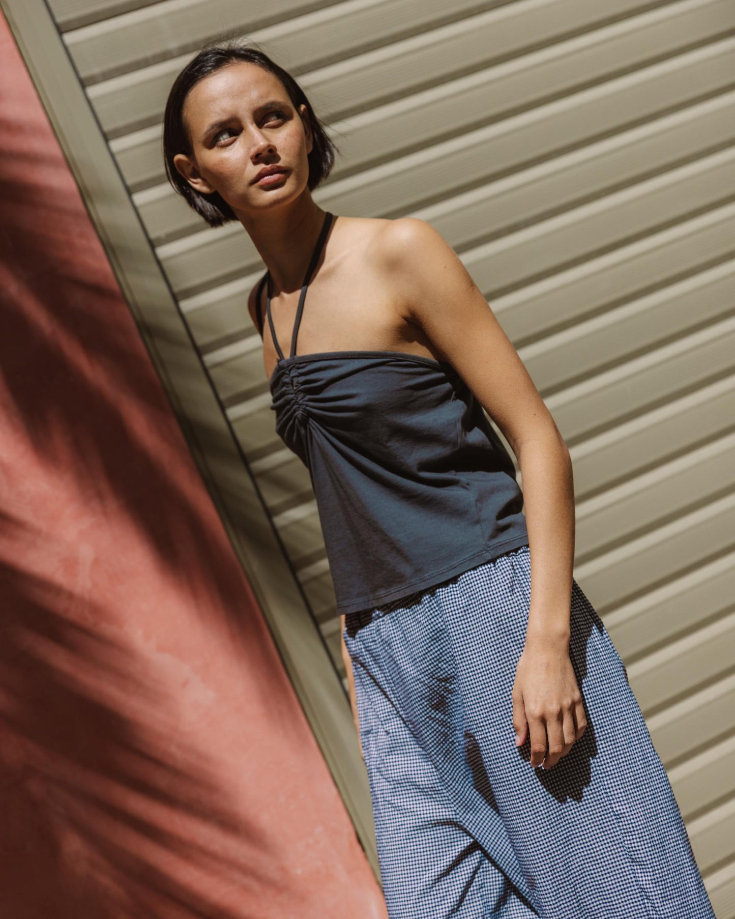 T-shirt Halter Franzido Frontal Antracite