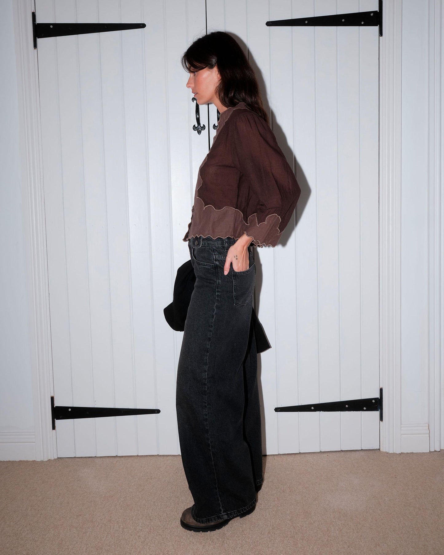 French Sleeve Blouse with Contrast Brown