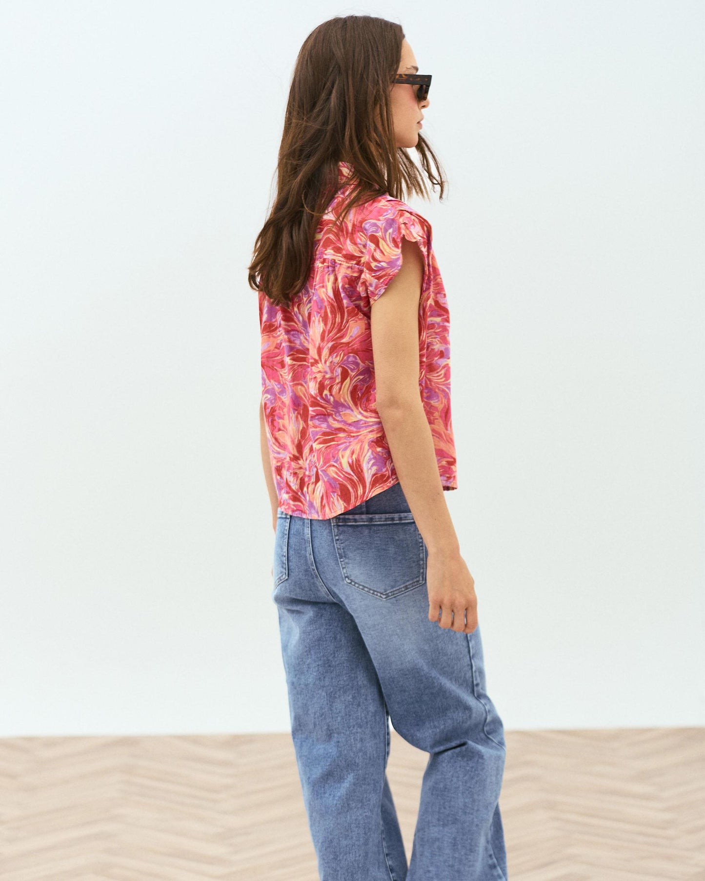 Chemise sans Manches Plis Imprimé Floral Fuchsia