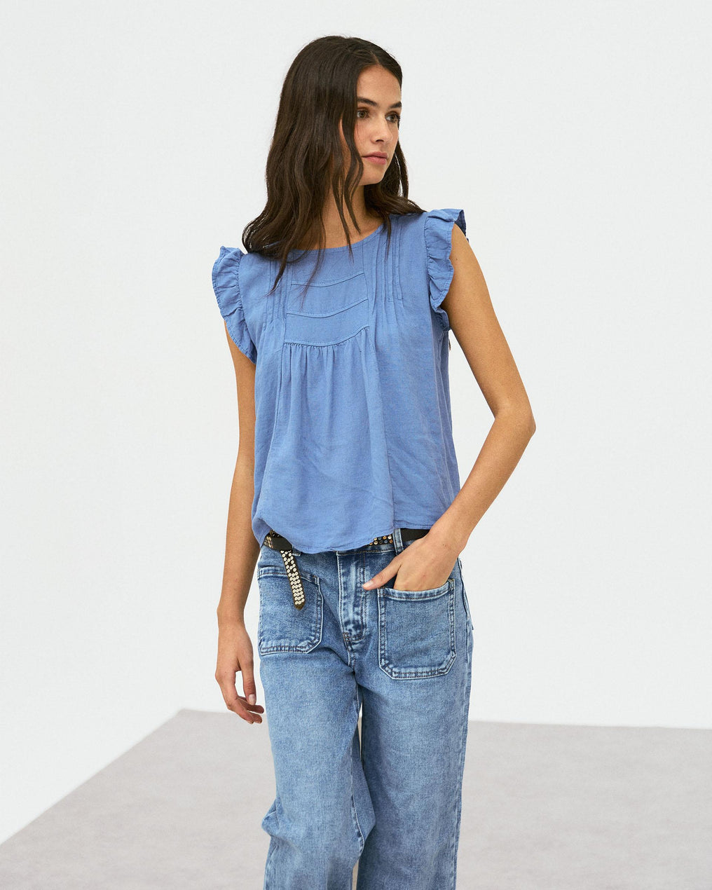 Blouse Volants Manches Bleu Foncé