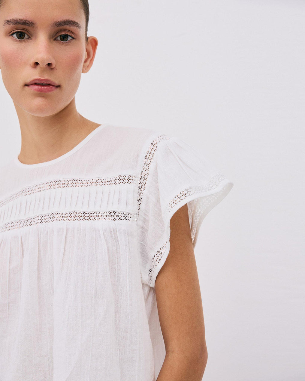 Blouse Manches Courtes Dentelle Avant Blanc