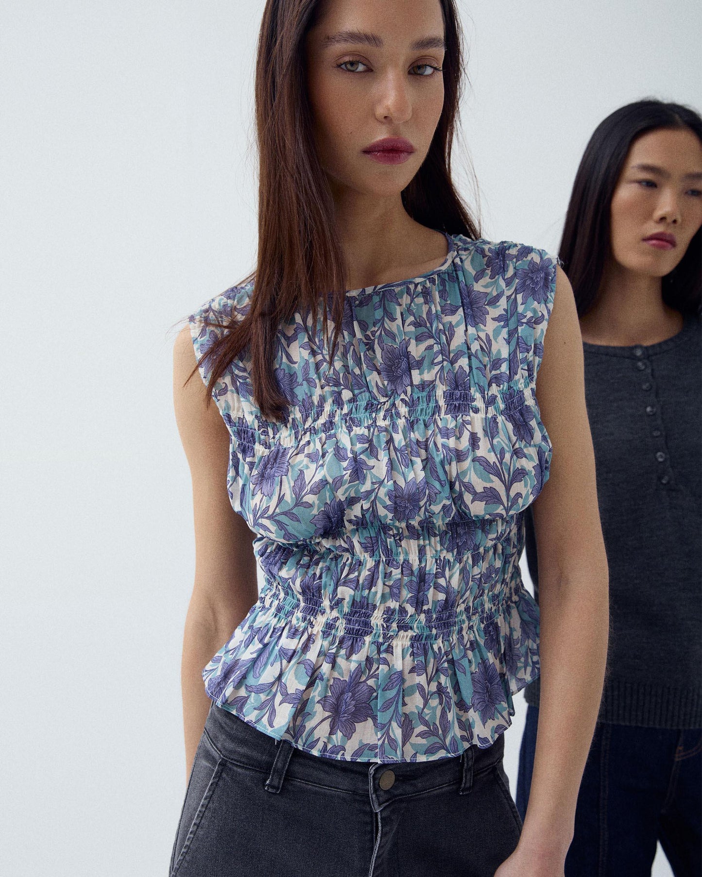 Top Élastiques Imprimé Floral Bleu