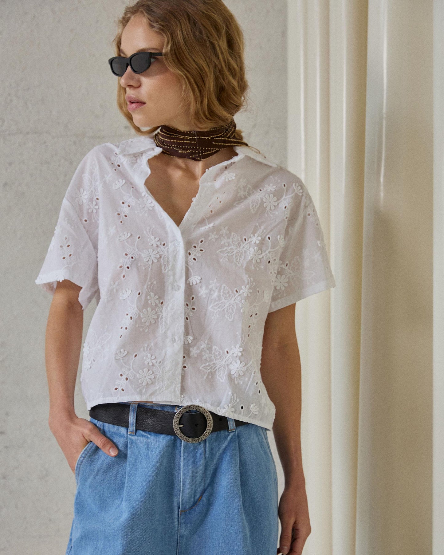 White Short Sleeve Shirt with Cut-Outs