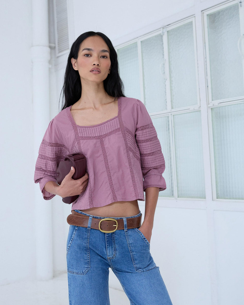 Blouse Col Carré Dentelles Rose