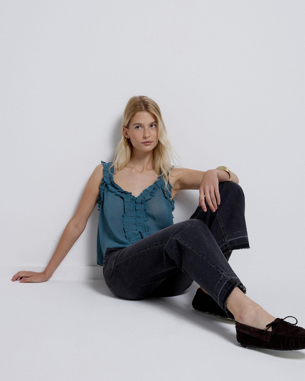 Blue V-Neck Top with Ruffle