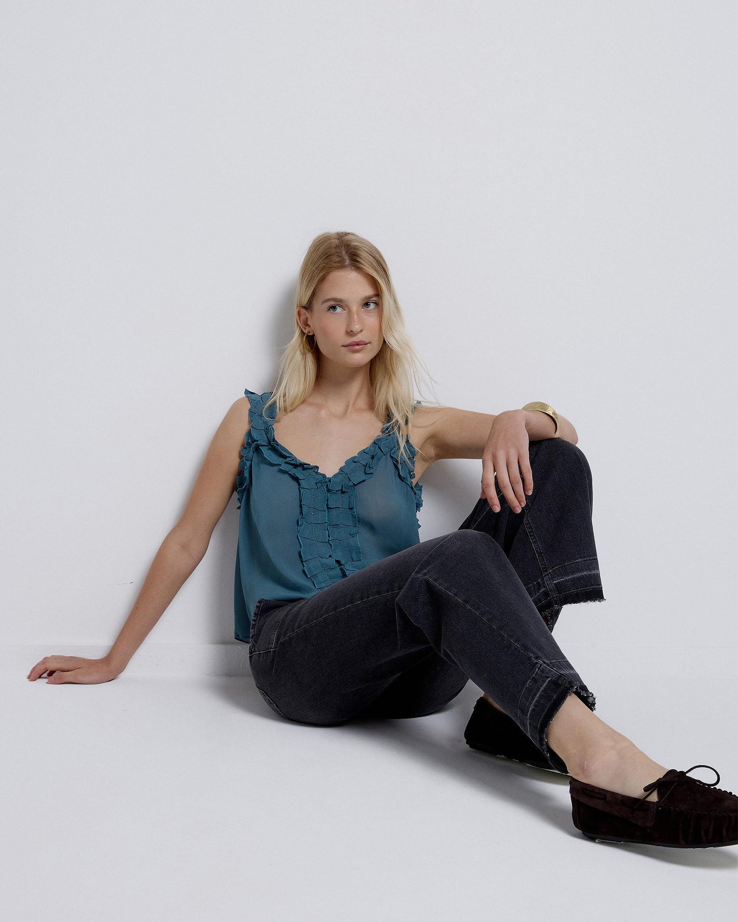 Blue V-Neck Top with Ruffle