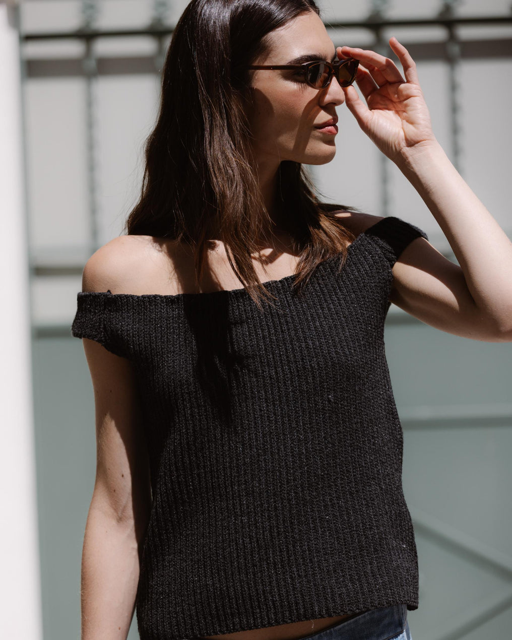 Anthracite Lurex Bardot Neck Knit Top