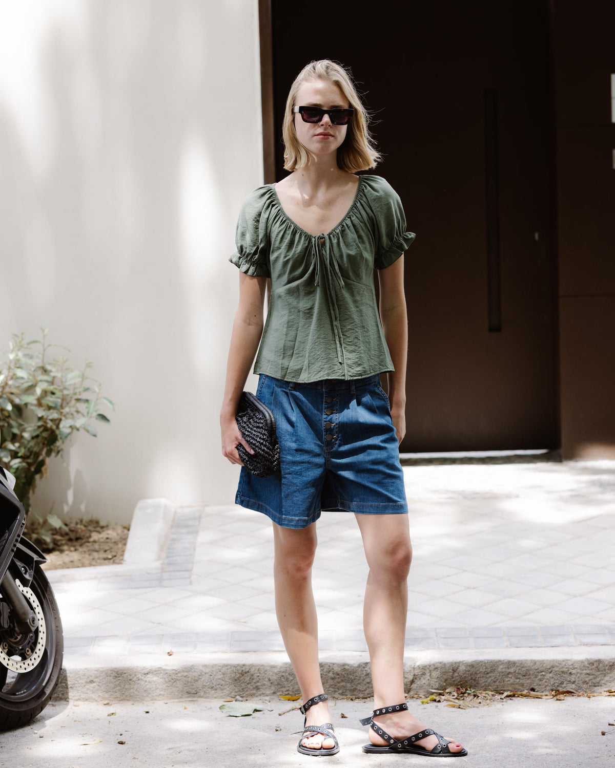Blusa de Manga Curta com Laçada Verde Escuro