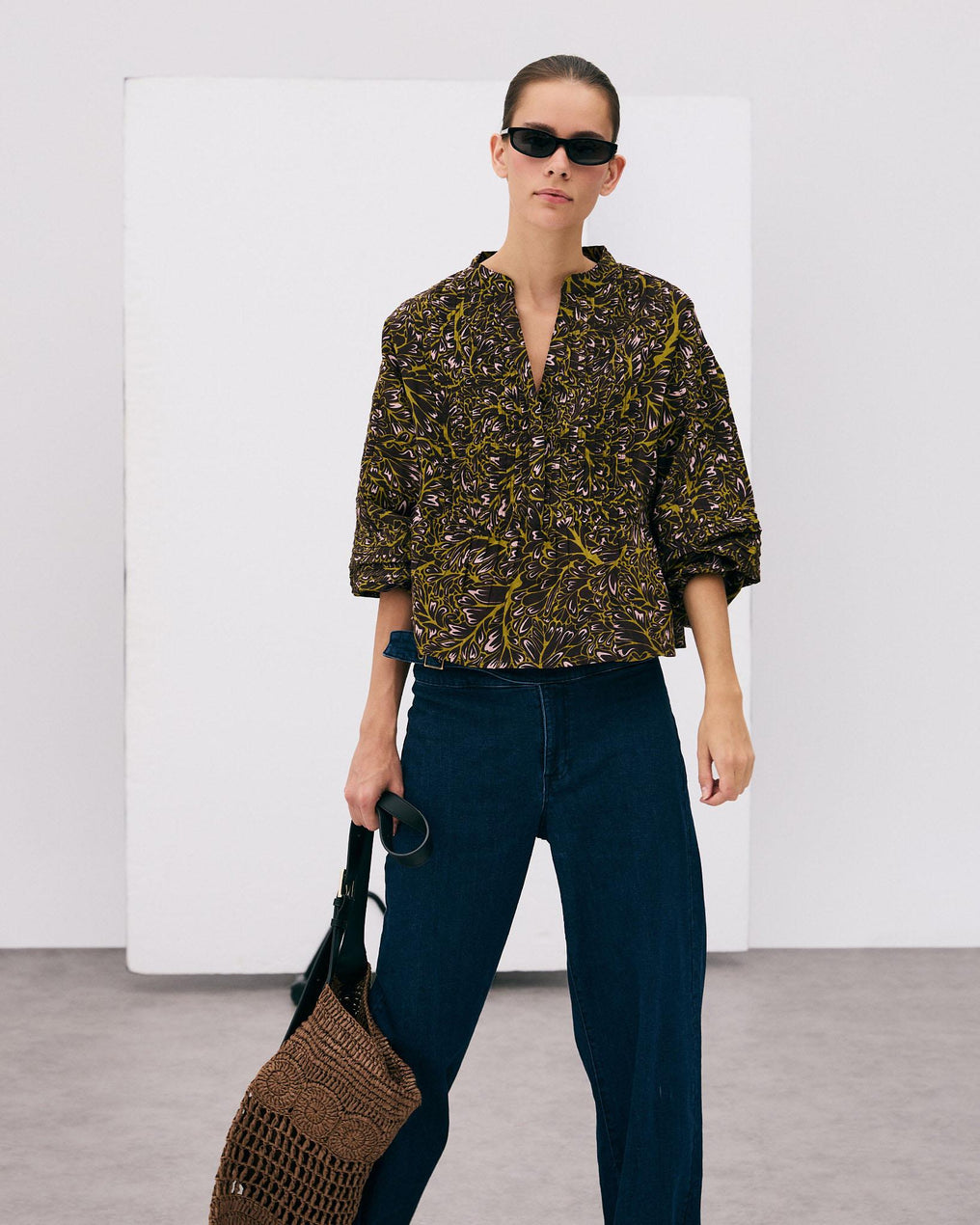 Blusa Botones Delanteros Estampada Marrón
