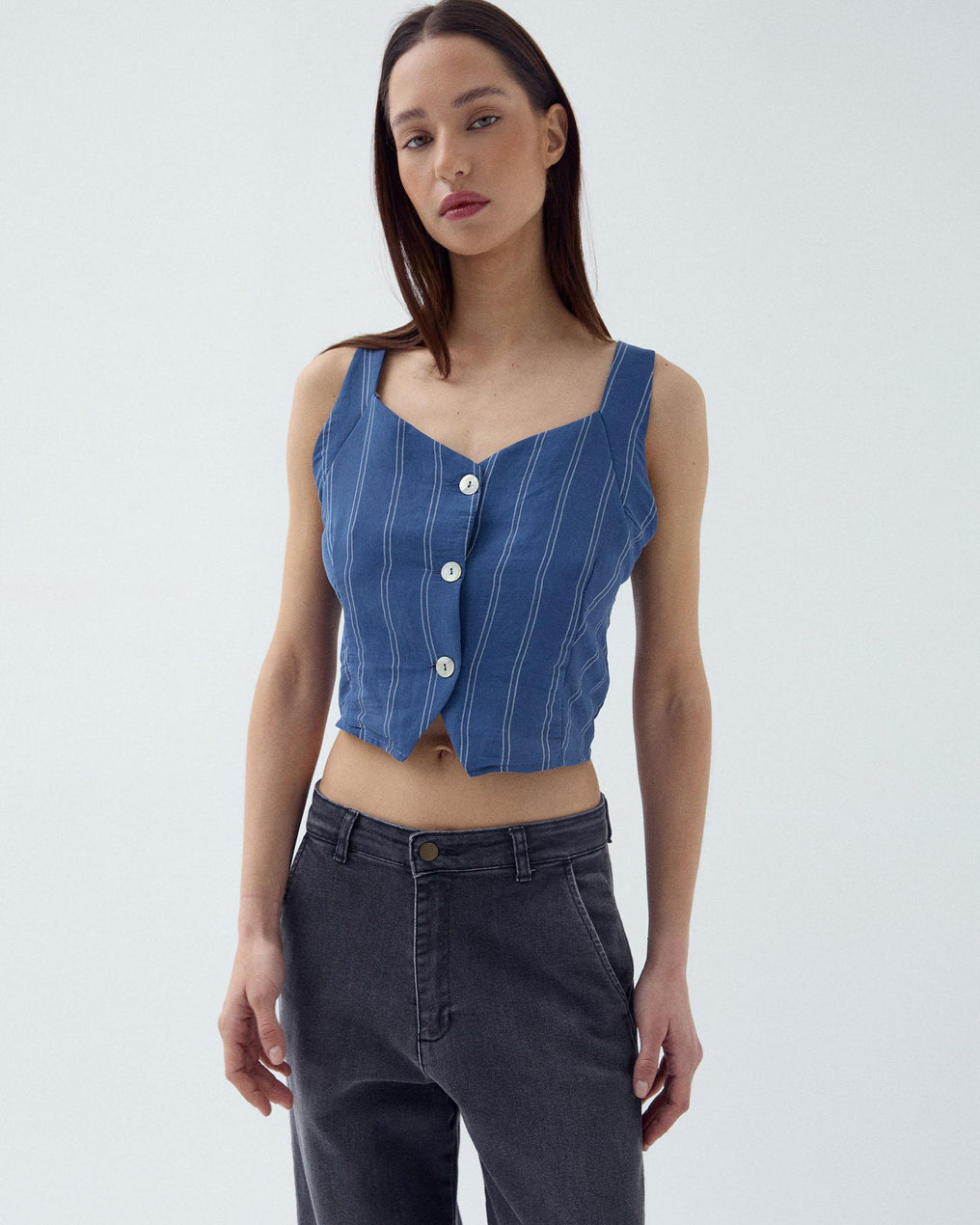 Top Botones Rayas Azul