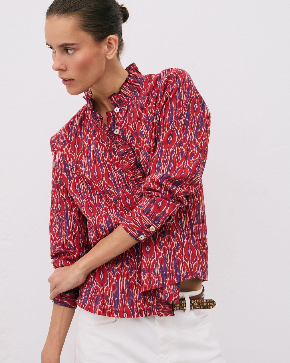 Blusa Folhos Picô Estampado Étnico Vermelha