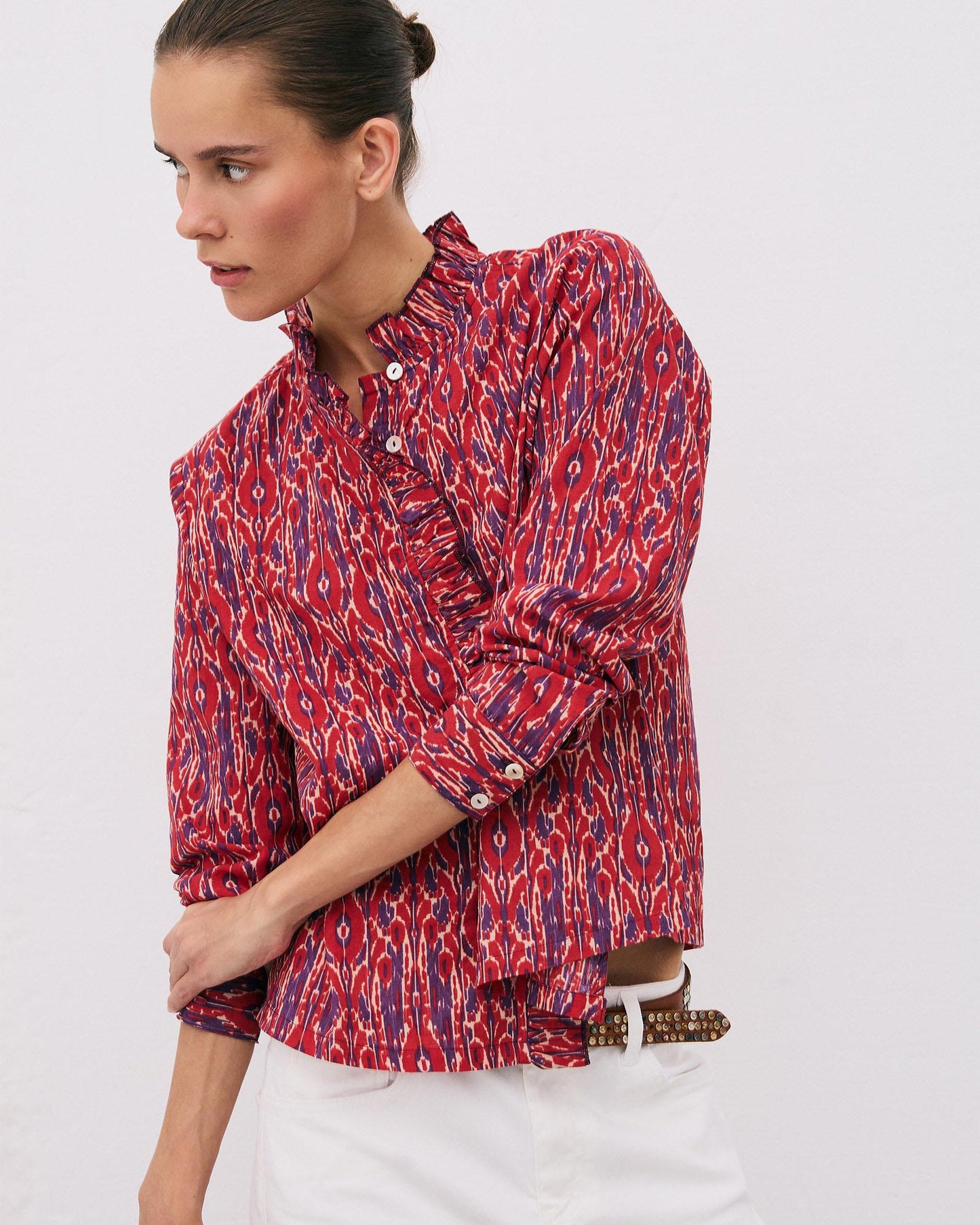 Blusa Folhos Picô Estampado Étnico Vermelha