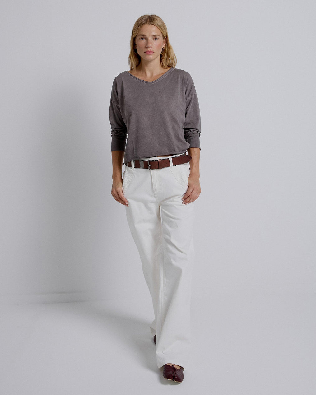 Camiseta Manga Larga Cuello Pico Marrón