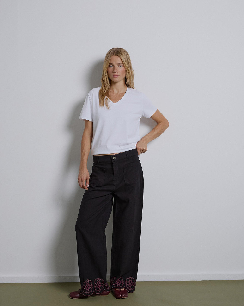 Black Flower Embroidered Pants