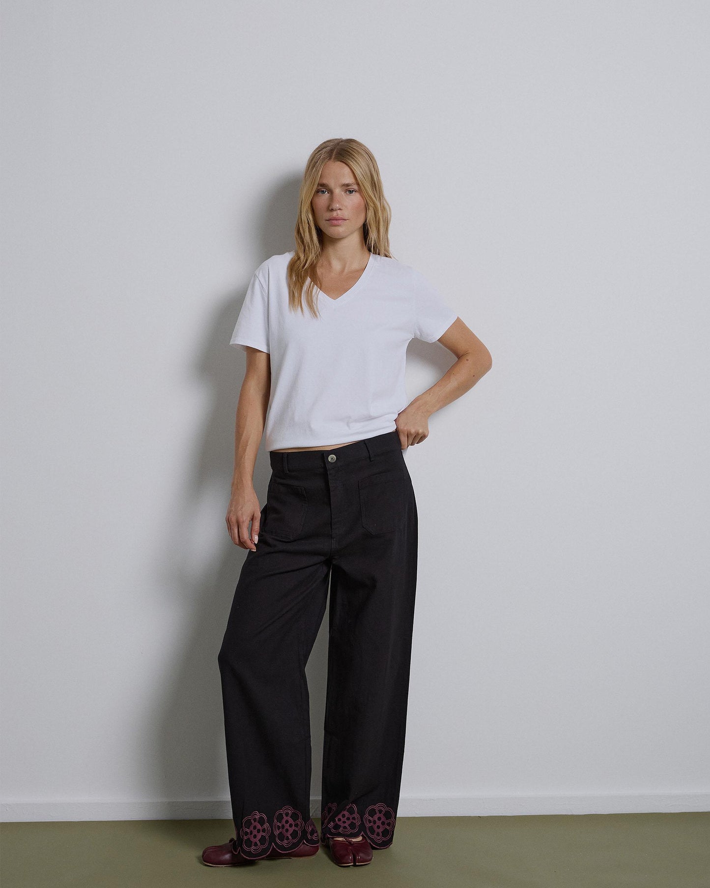 Black Flower Embroidered Pants