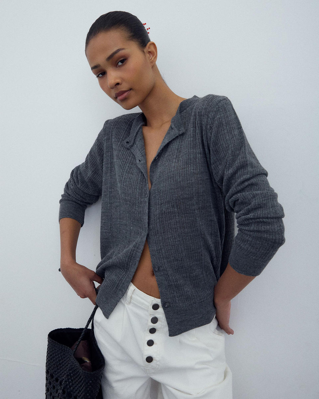 Veste Maille Côtelé Gris