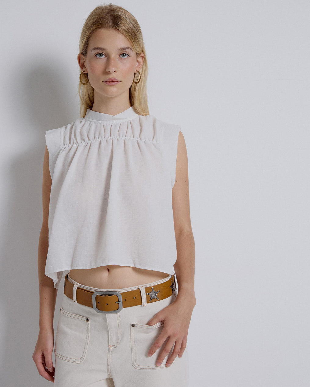 White Sleeveless Front Gathered Blouse