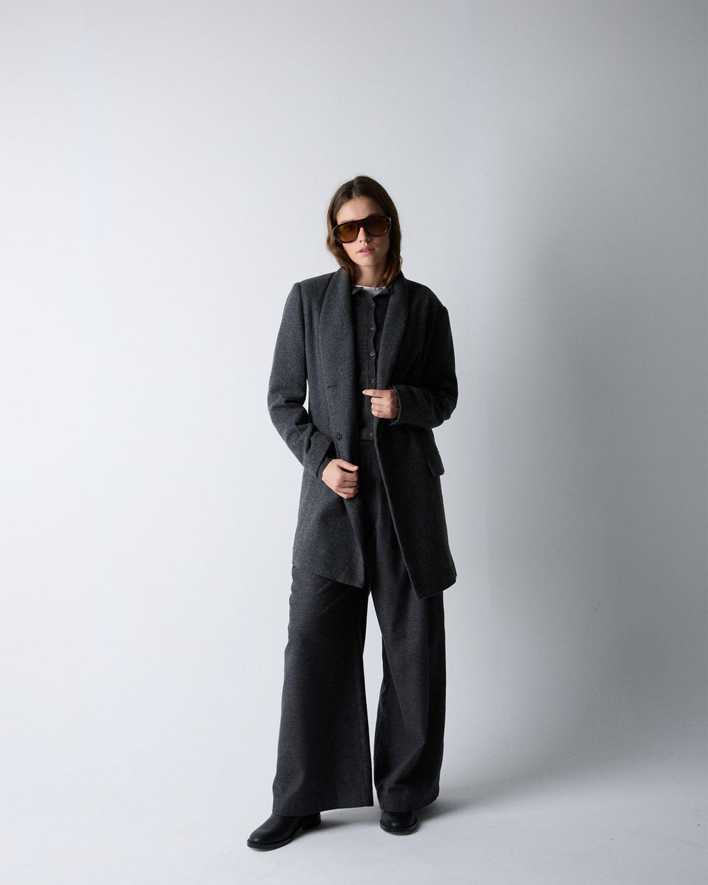 Abrigo Paño Solapa Mezcla Lana Gris