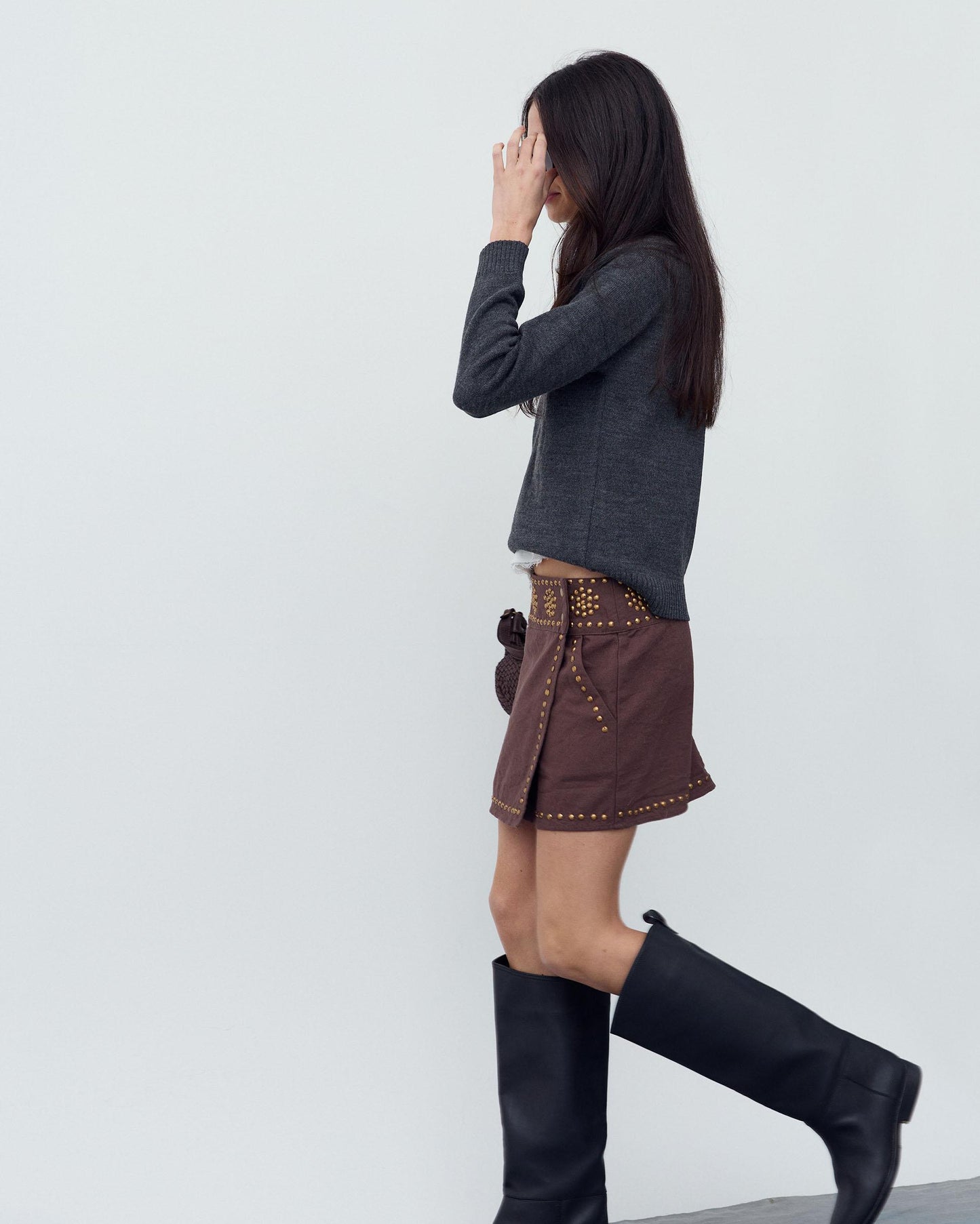 Brown Canvas Studded Mini Skirt
