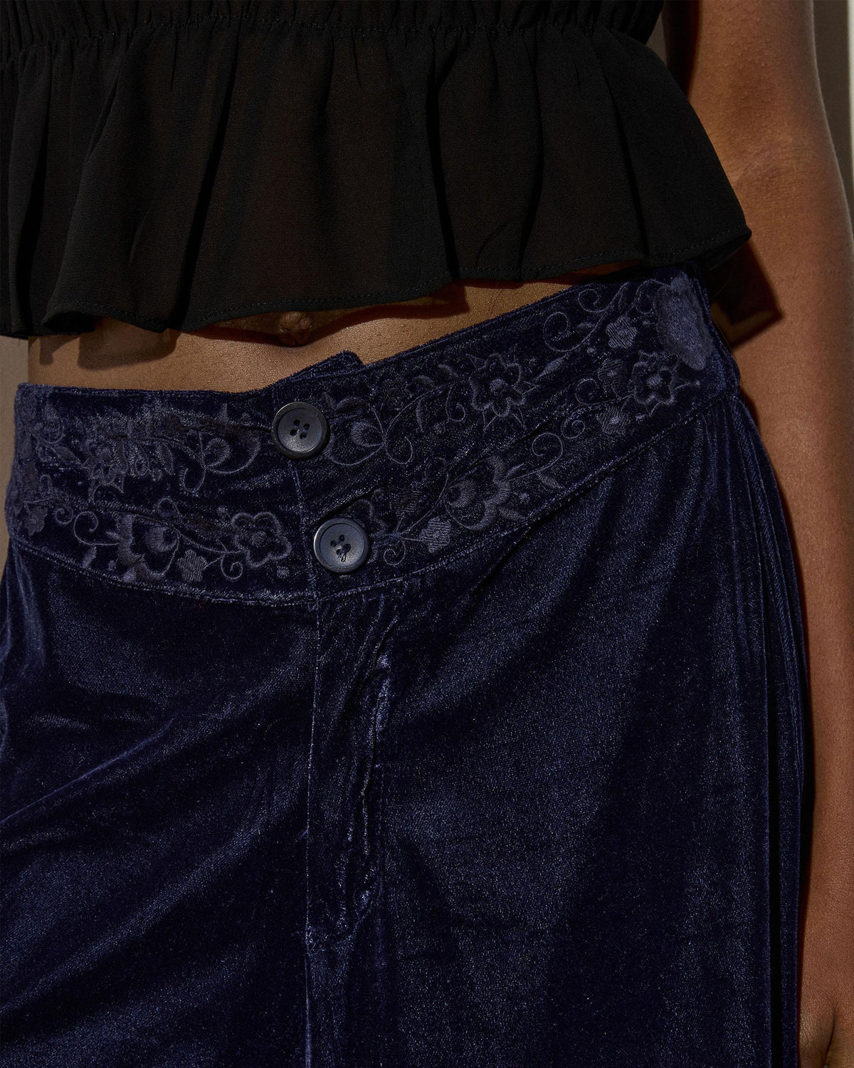 Velvet Embroidered Waistband Trousers Navy Blue