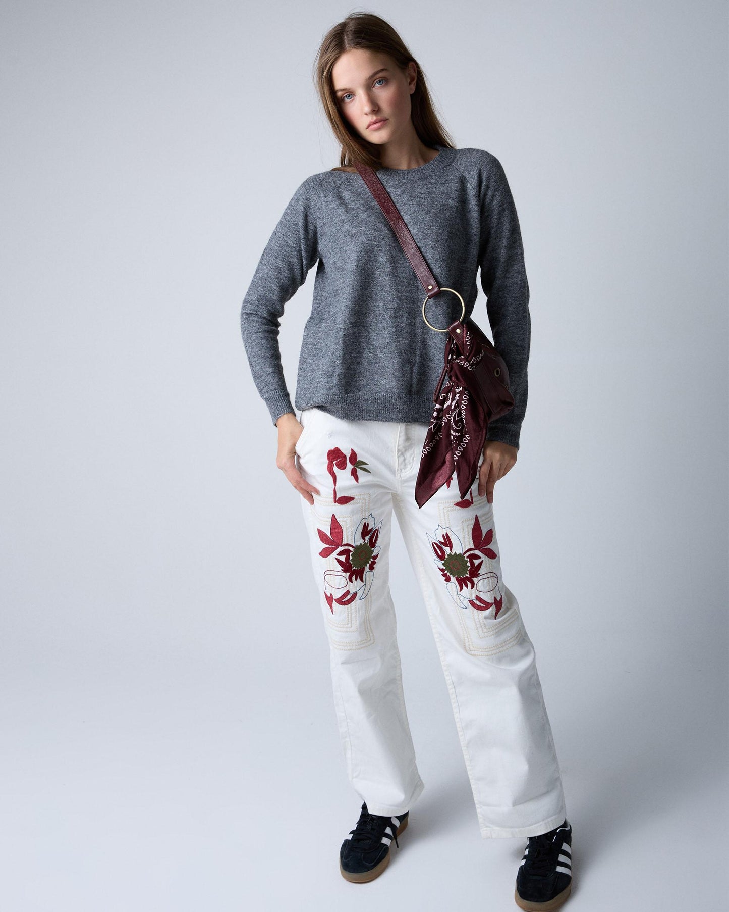 White Floral and Checkered Embroidered Jeans