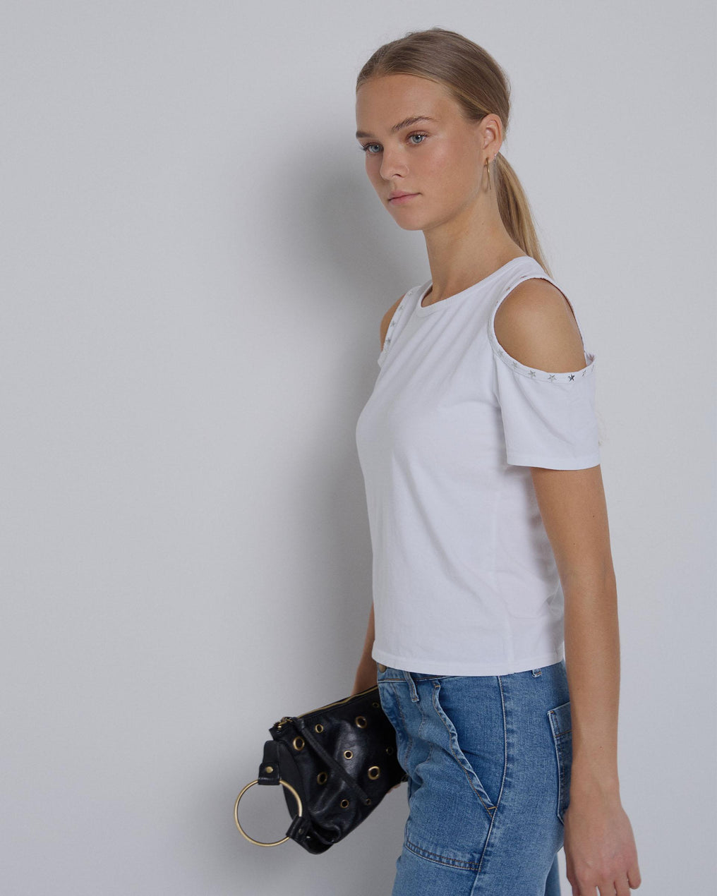White Studded Shoulder Opening T-shirt