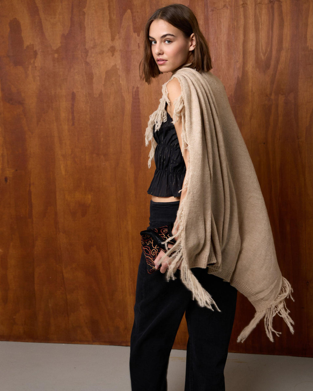 Beige Fringed Poncho