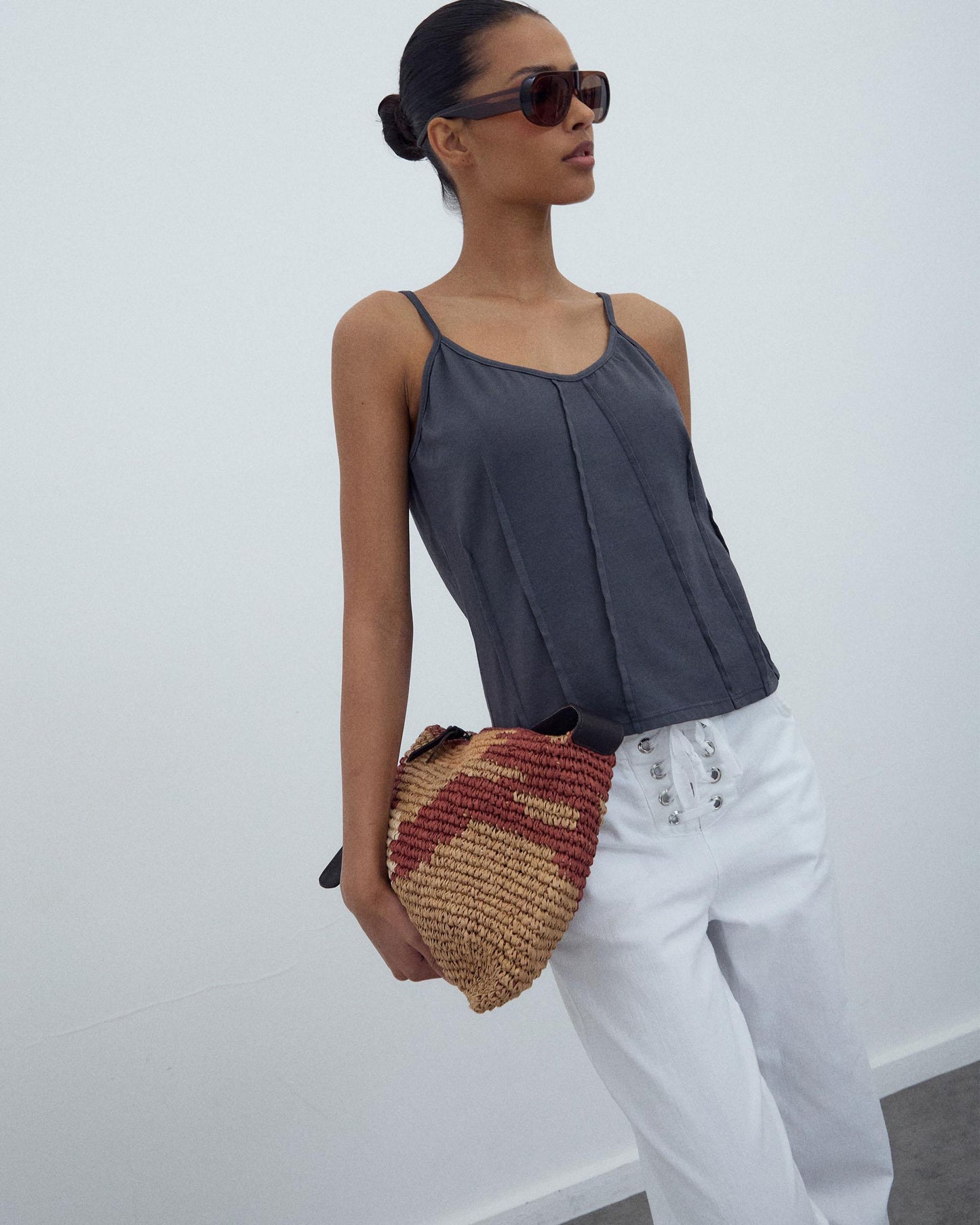 T-shirt Alças Nervuras Antracite