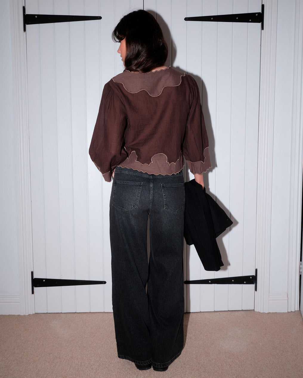 French Sleeve Blouse with Contrast Brown