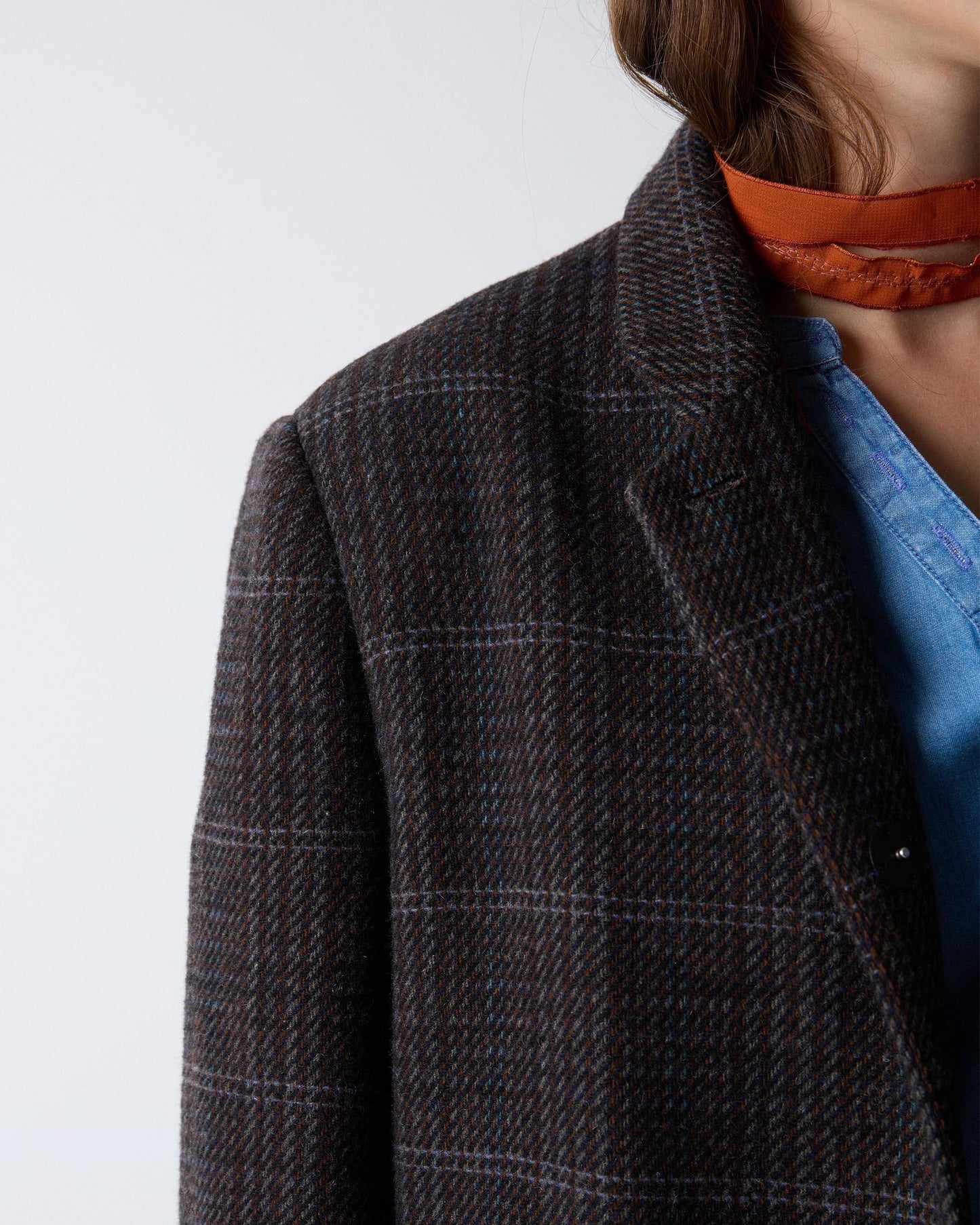 Abrigo Cuadros Solapa Mezcla Lana Marrón