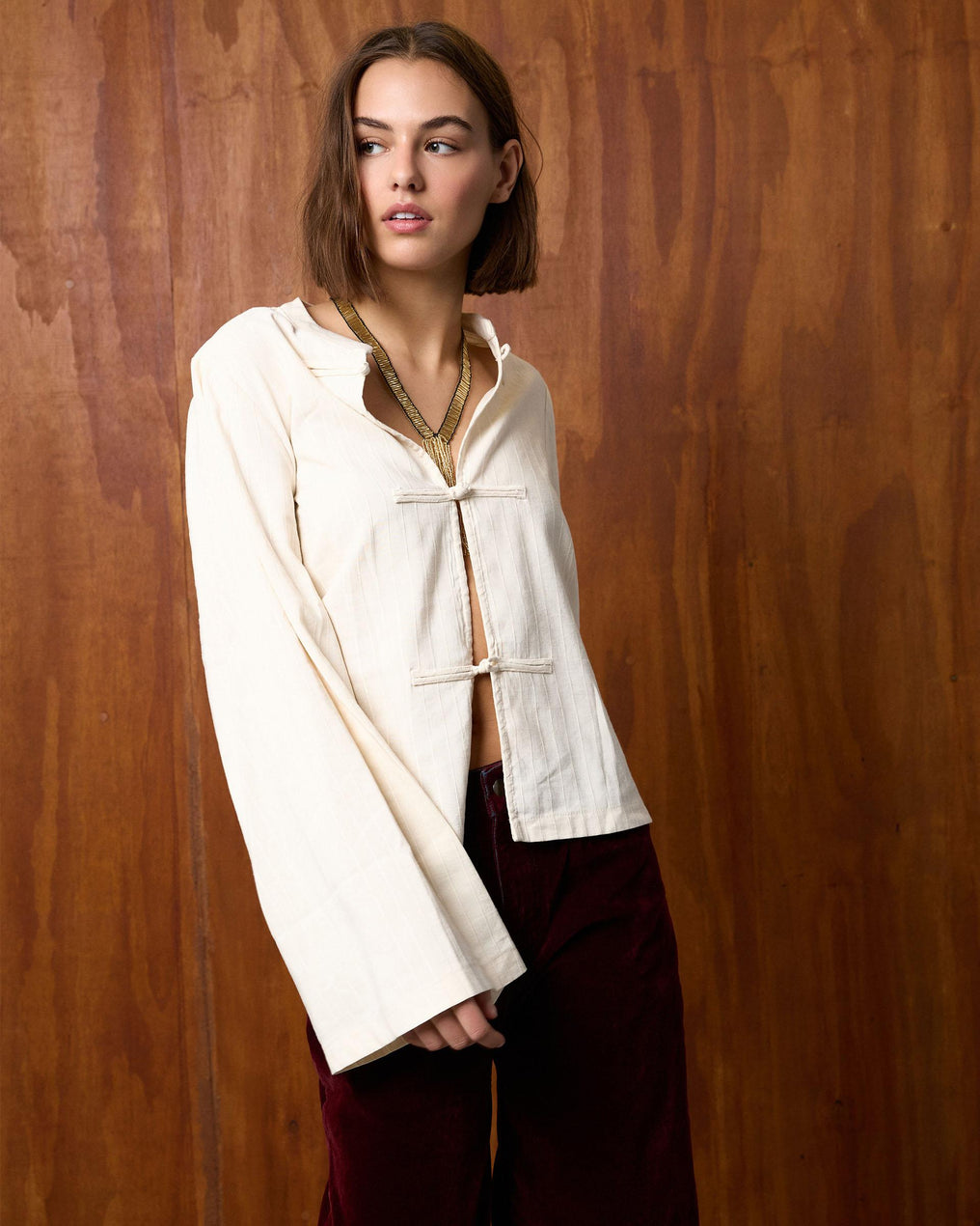 Blusa de manga comprida com textura crua japonesa