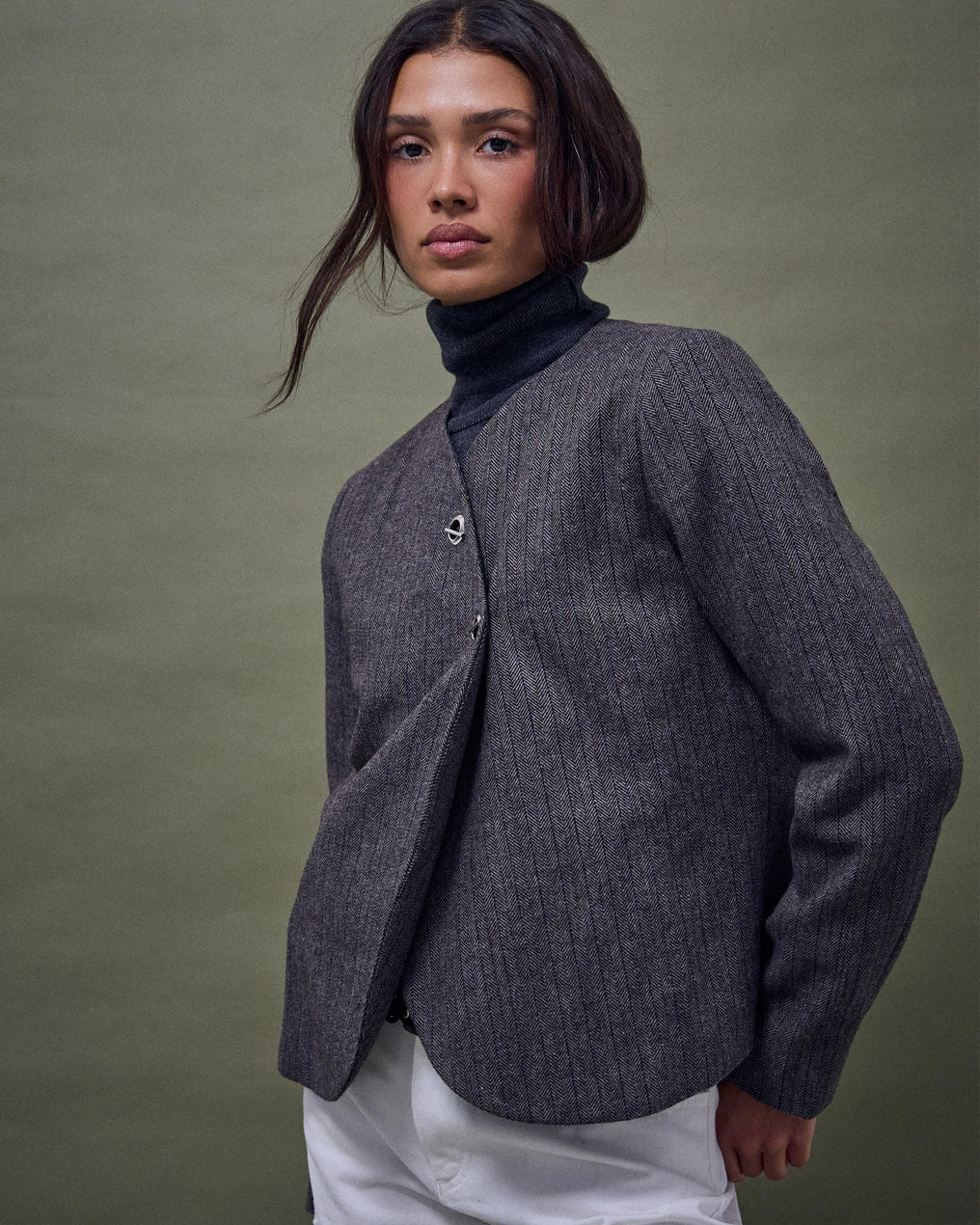 Chaqueta Botones Anillas Mezcla Lana Taupe