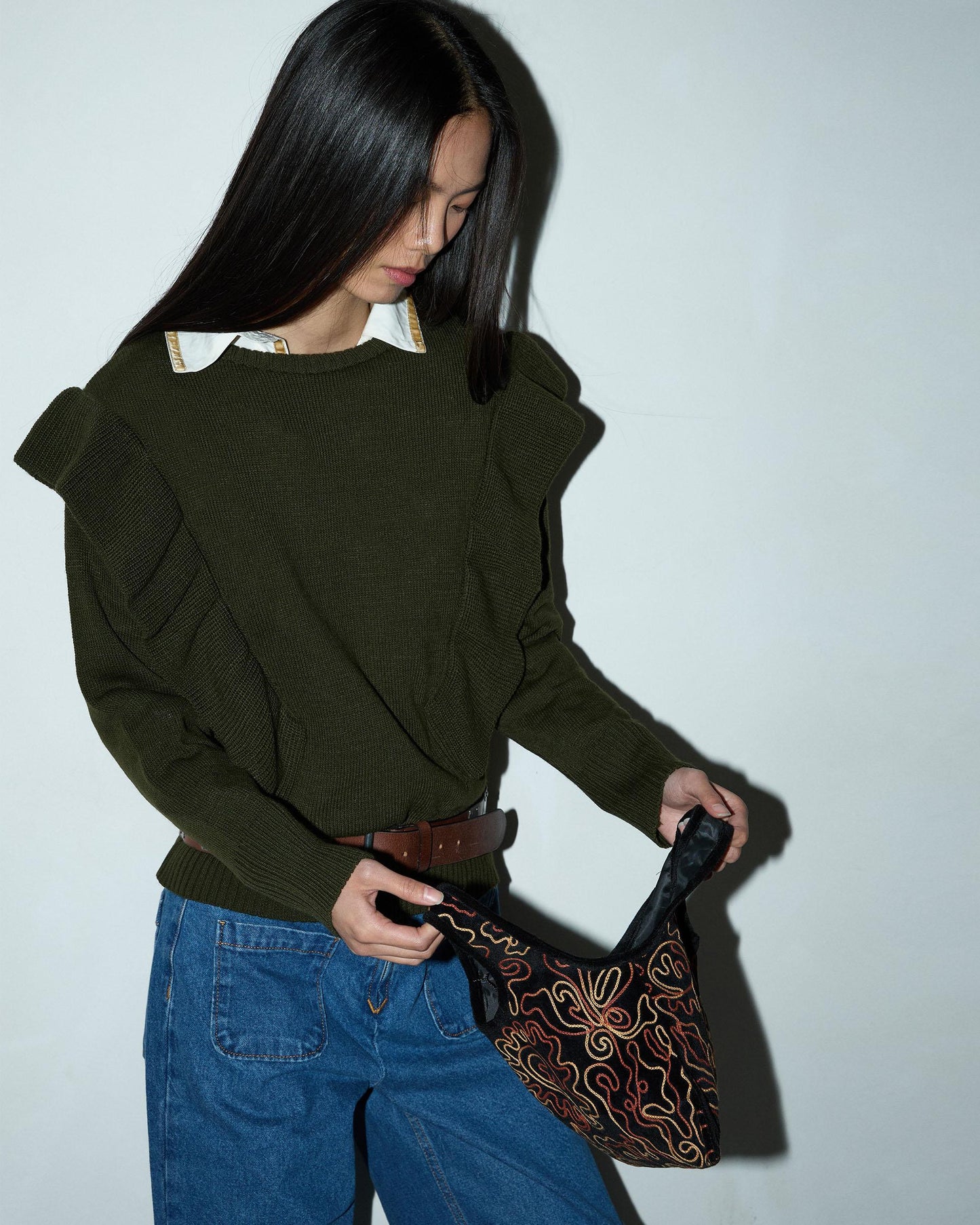 Dark Green Jersey with Side Ruffles