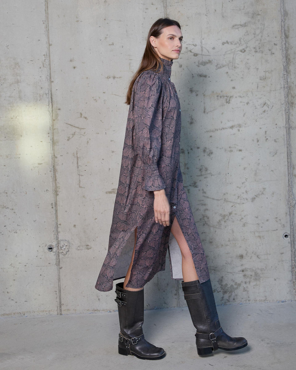 Vestido Manga Abullonada Estampado Antracita