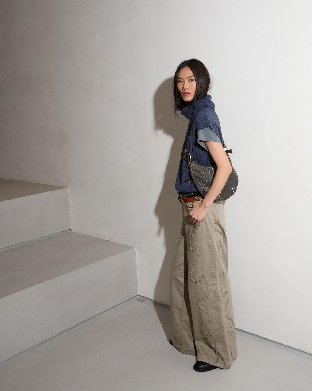 Dark Blue Ribbed Turtleneck Knit Vest