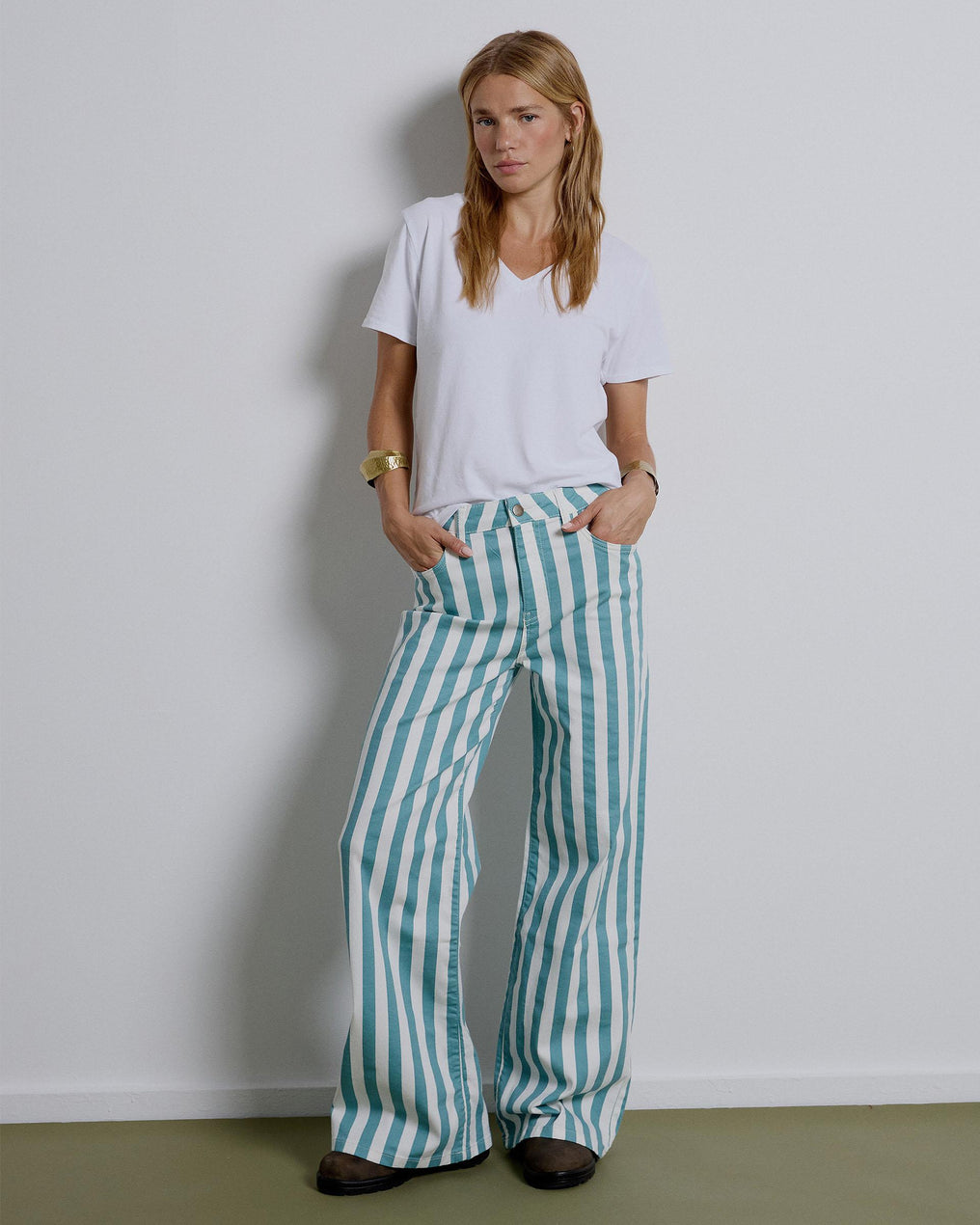 Wide Stripe Petrol Jeans