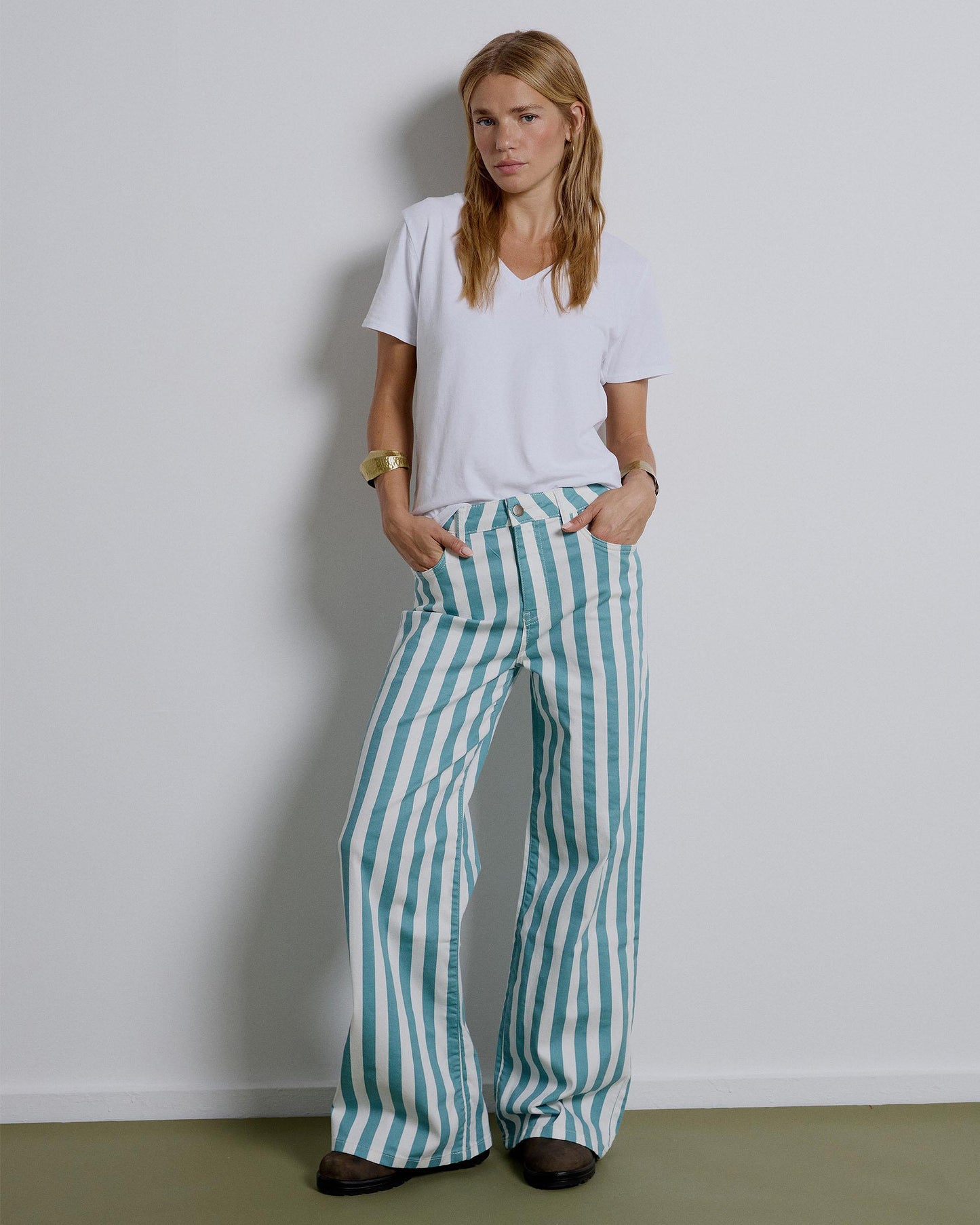 Wide Stripe Petrol Jeans