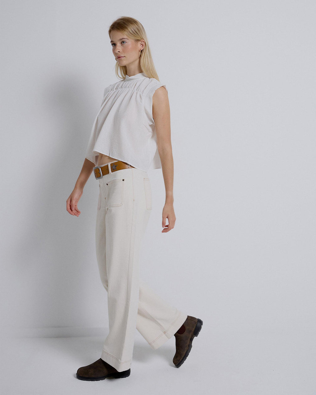 White Sleeveless Front Gathered Blouse