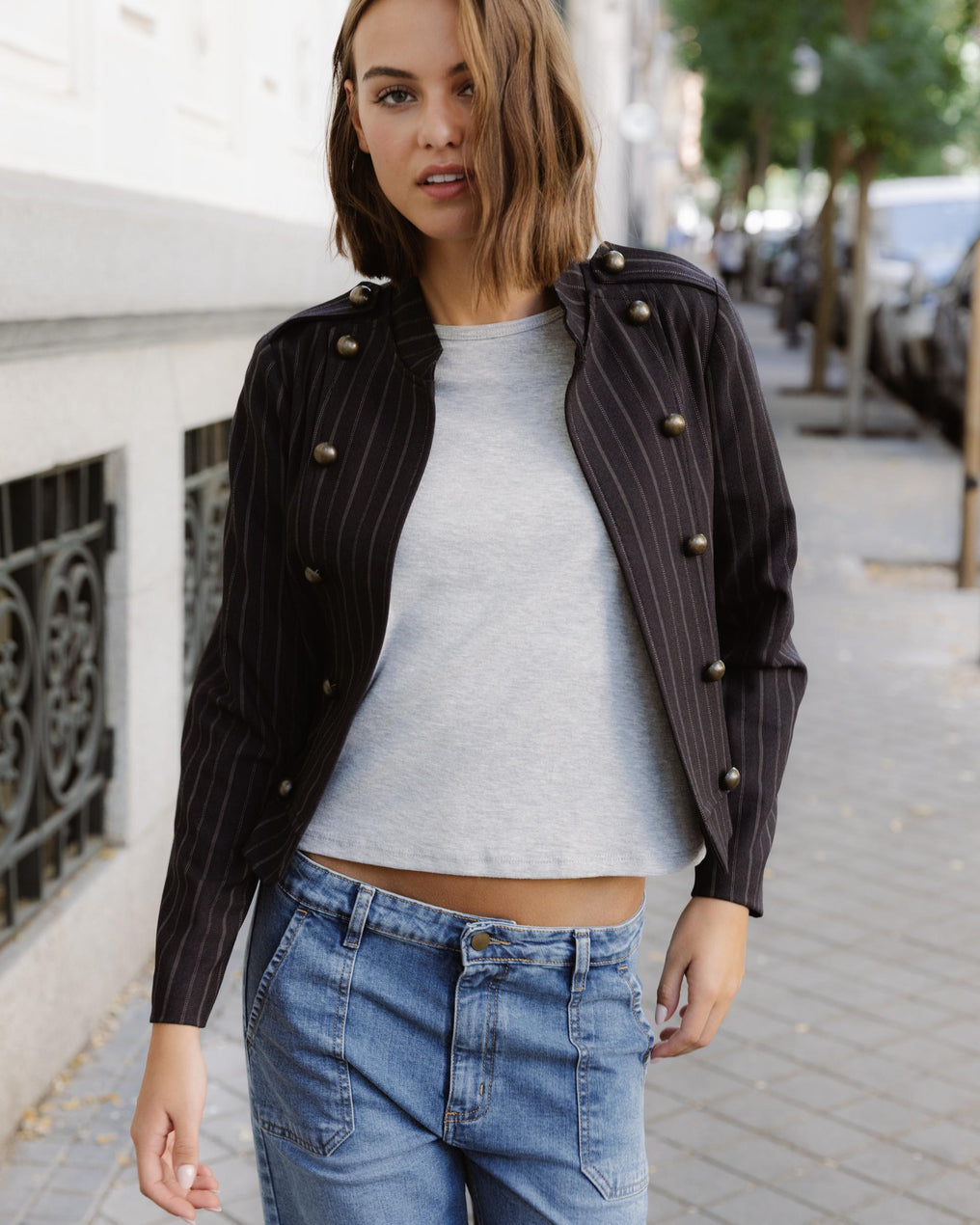Chaqueta Botones Rayas Azul Oscuro