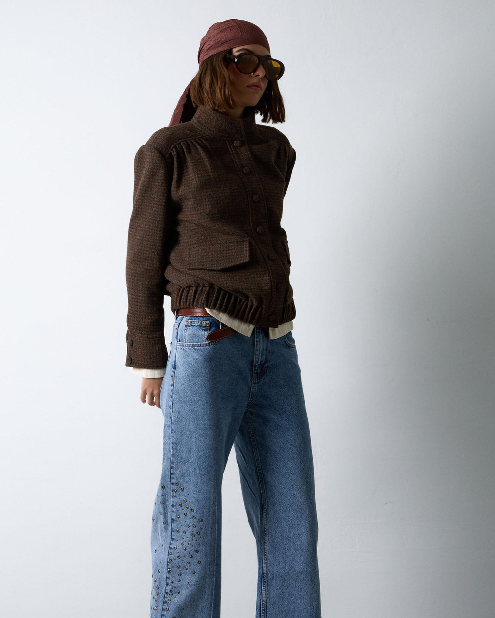 Chaqueta Bomber Canesú Cuadros Con Lana Marrón