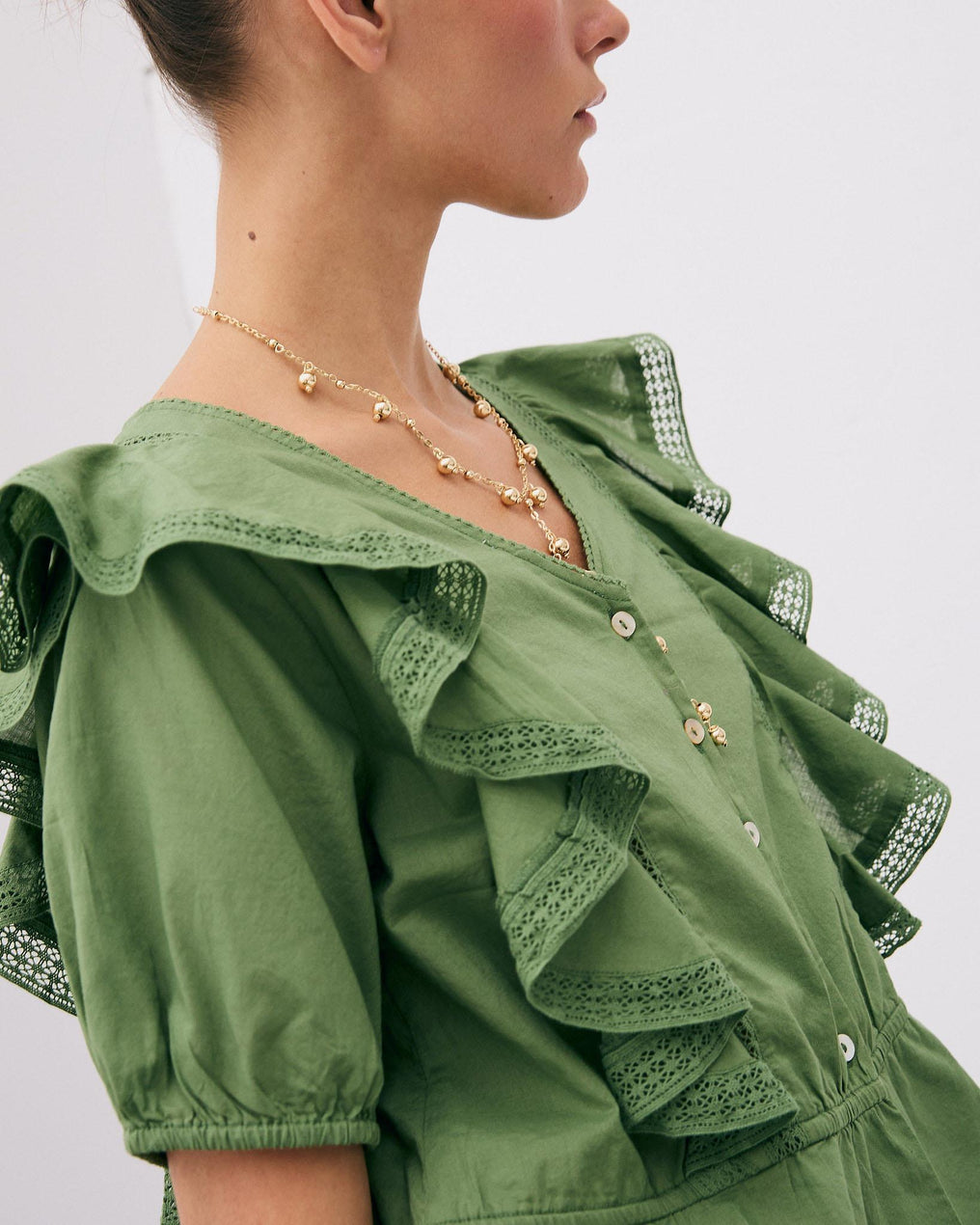 Short Sleeve Ruffle Button Up Blouse Green