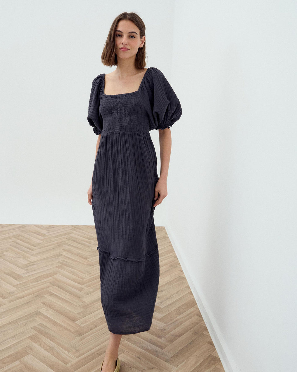 Vestido Nido De Abeja Manga Abullonada Antracita