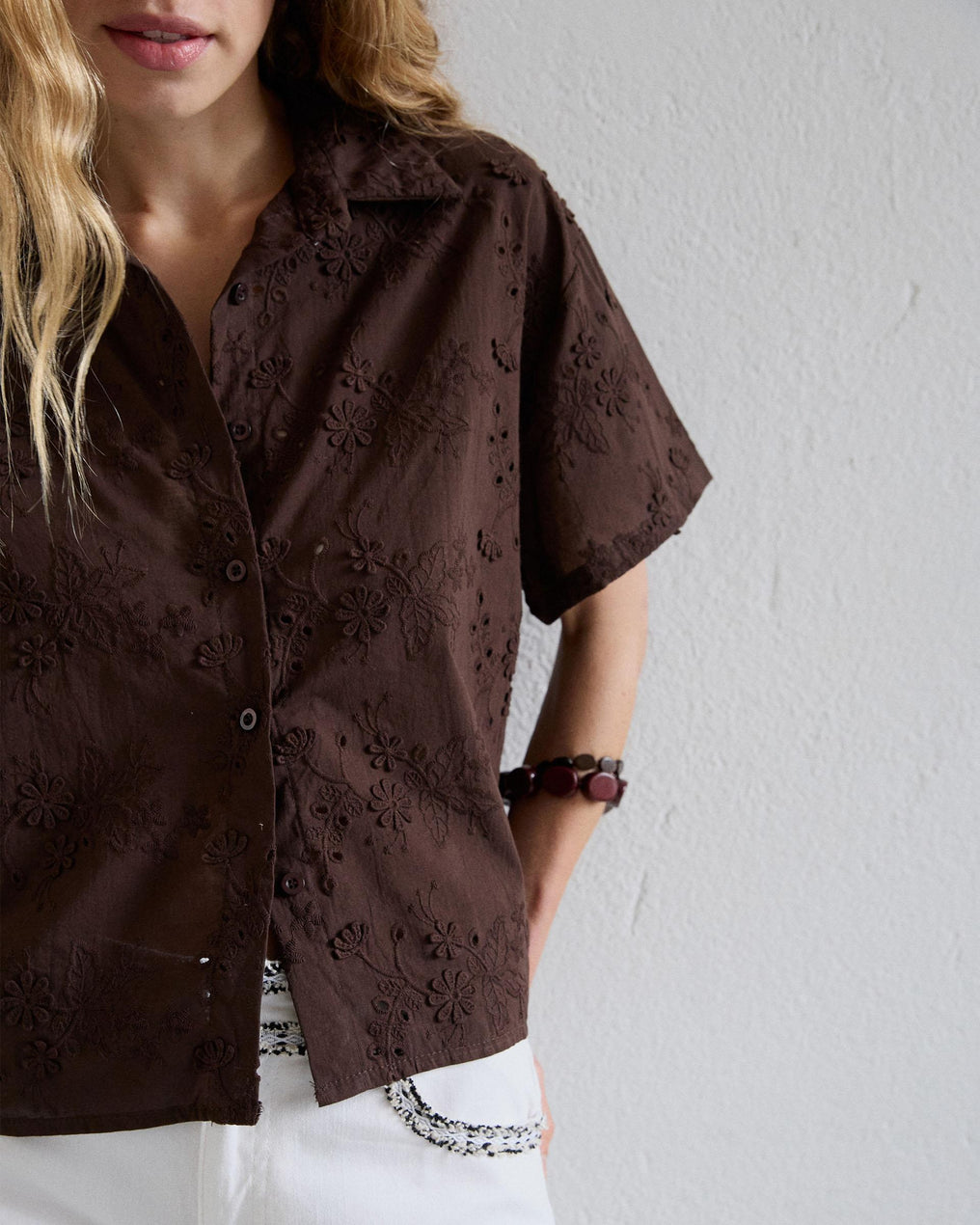 Chemise Manche Courte Ajourés Marron