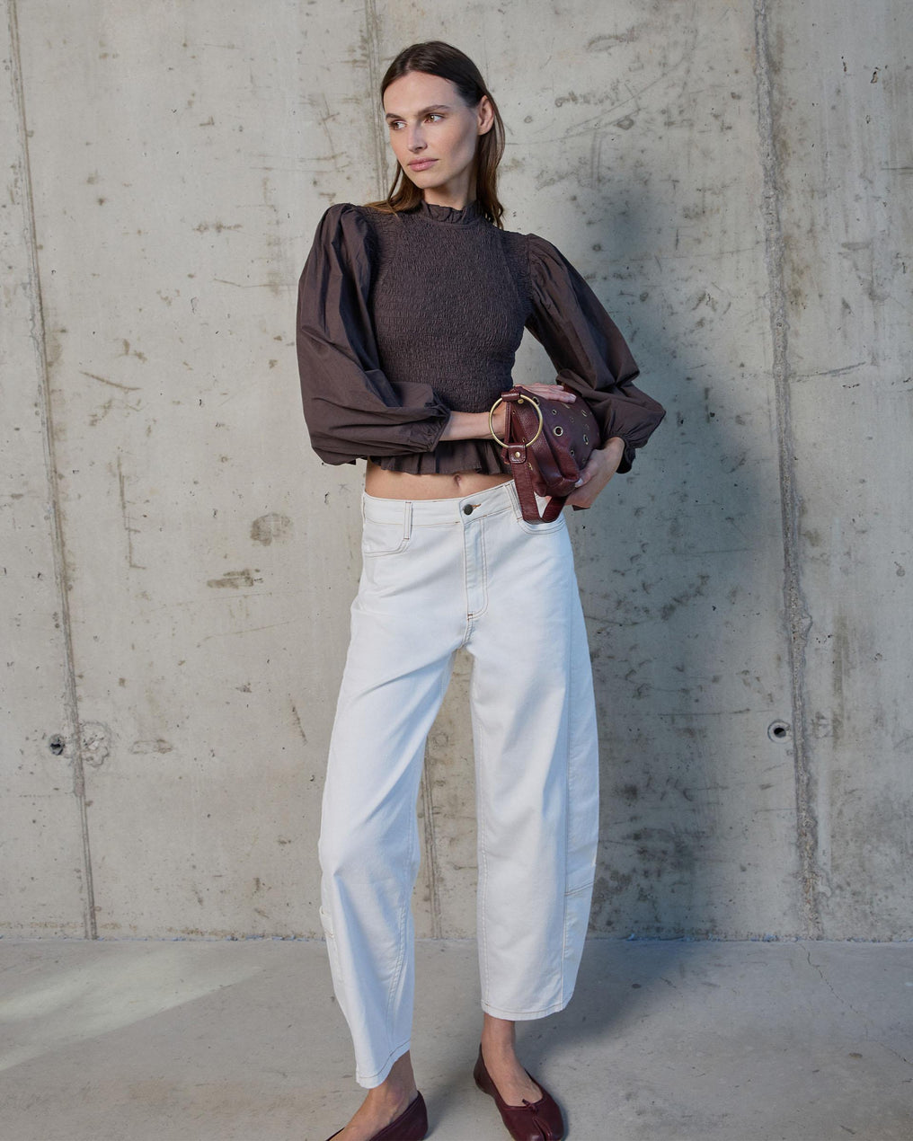 Brown Honeycomb Blouse with Puff Sleeves
