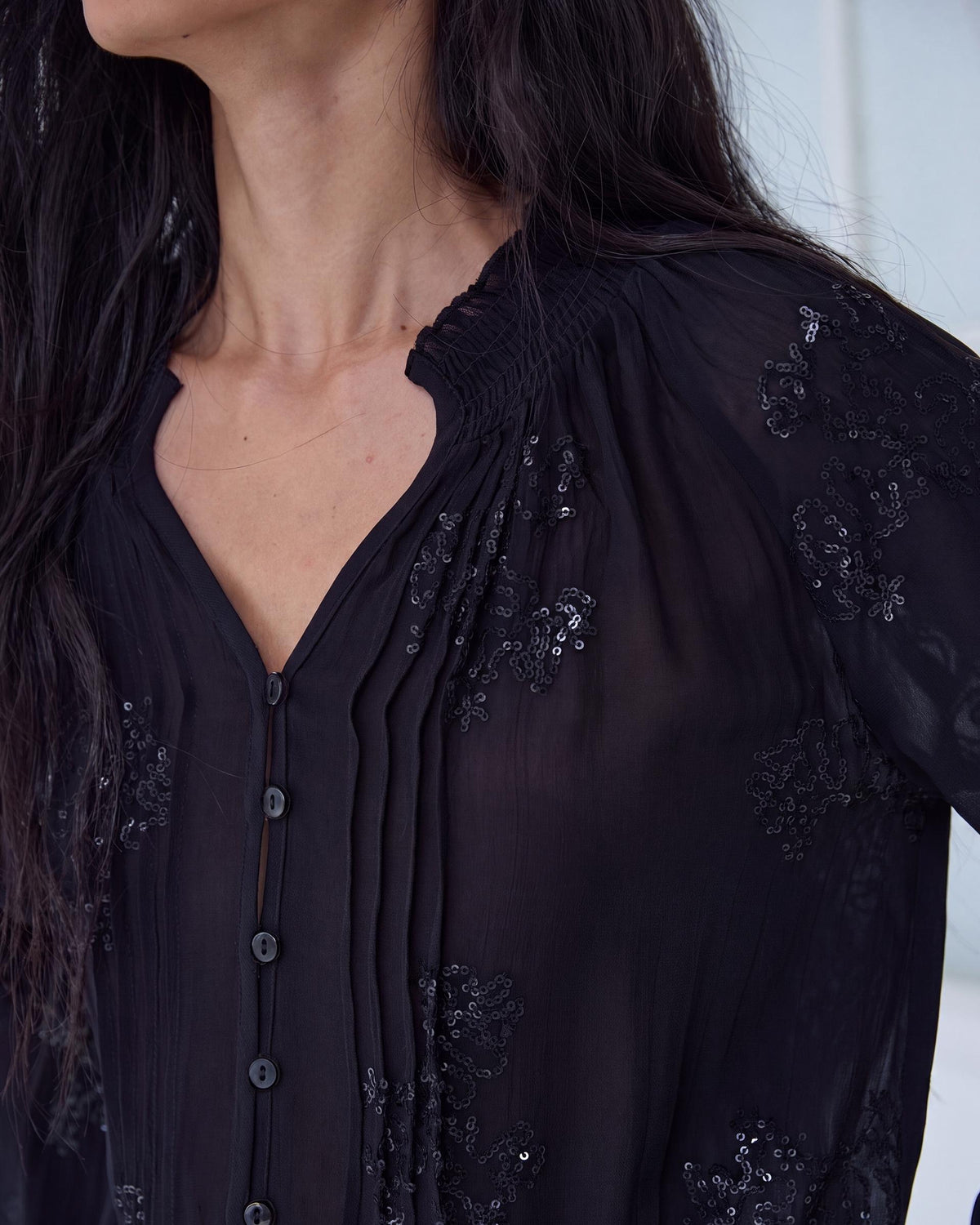 Black Sequin Blouse with Elasticated Hem