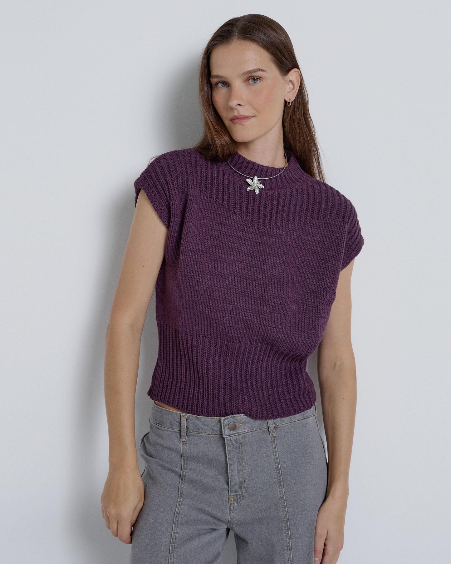 Purple Chunky Knit High Neck Vest