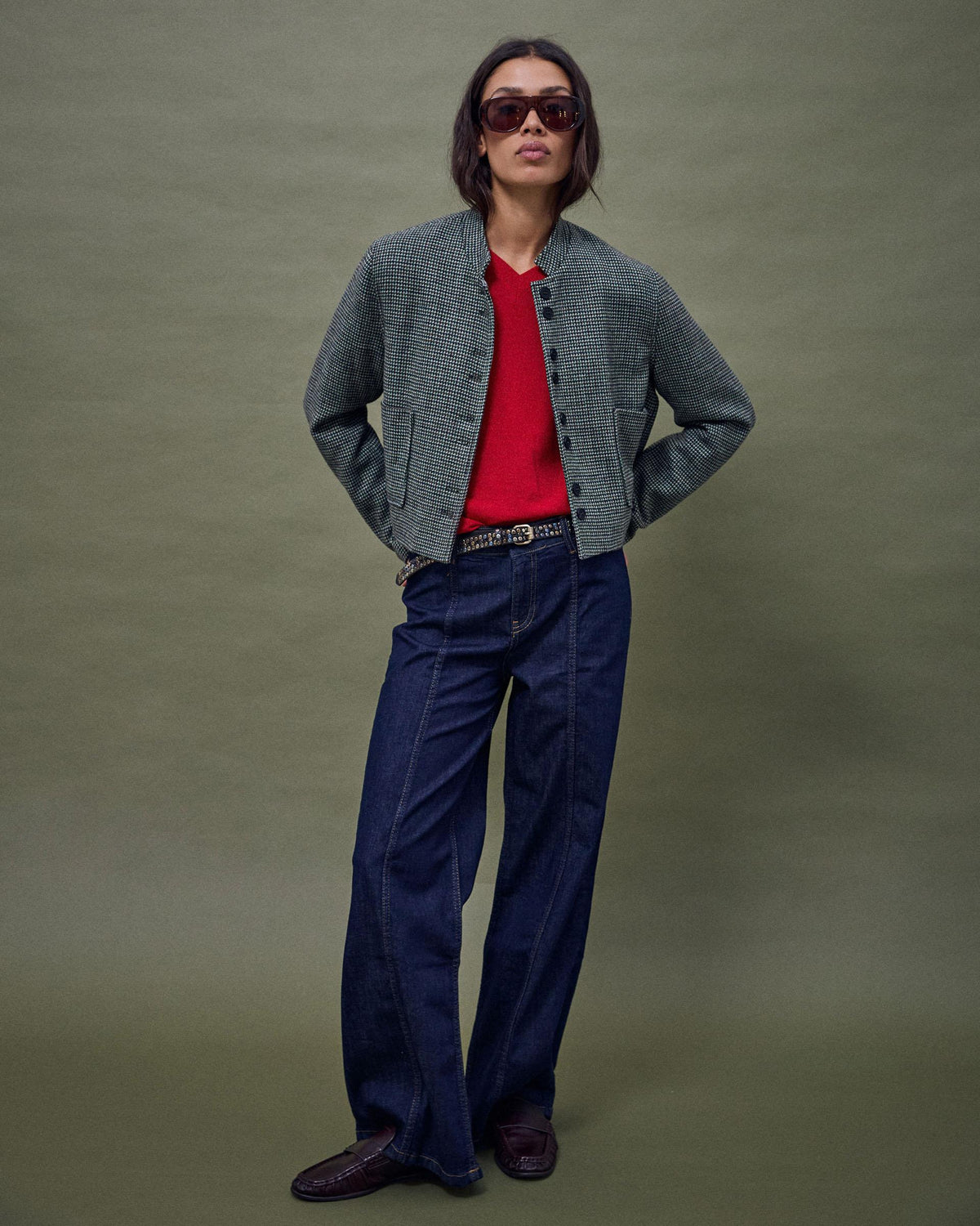 Chaqueta Corta Botones Mezcla Lana Verde