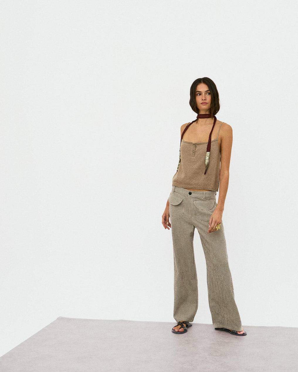 Pantalón Cuadros Bolsillos Seersucker Beige