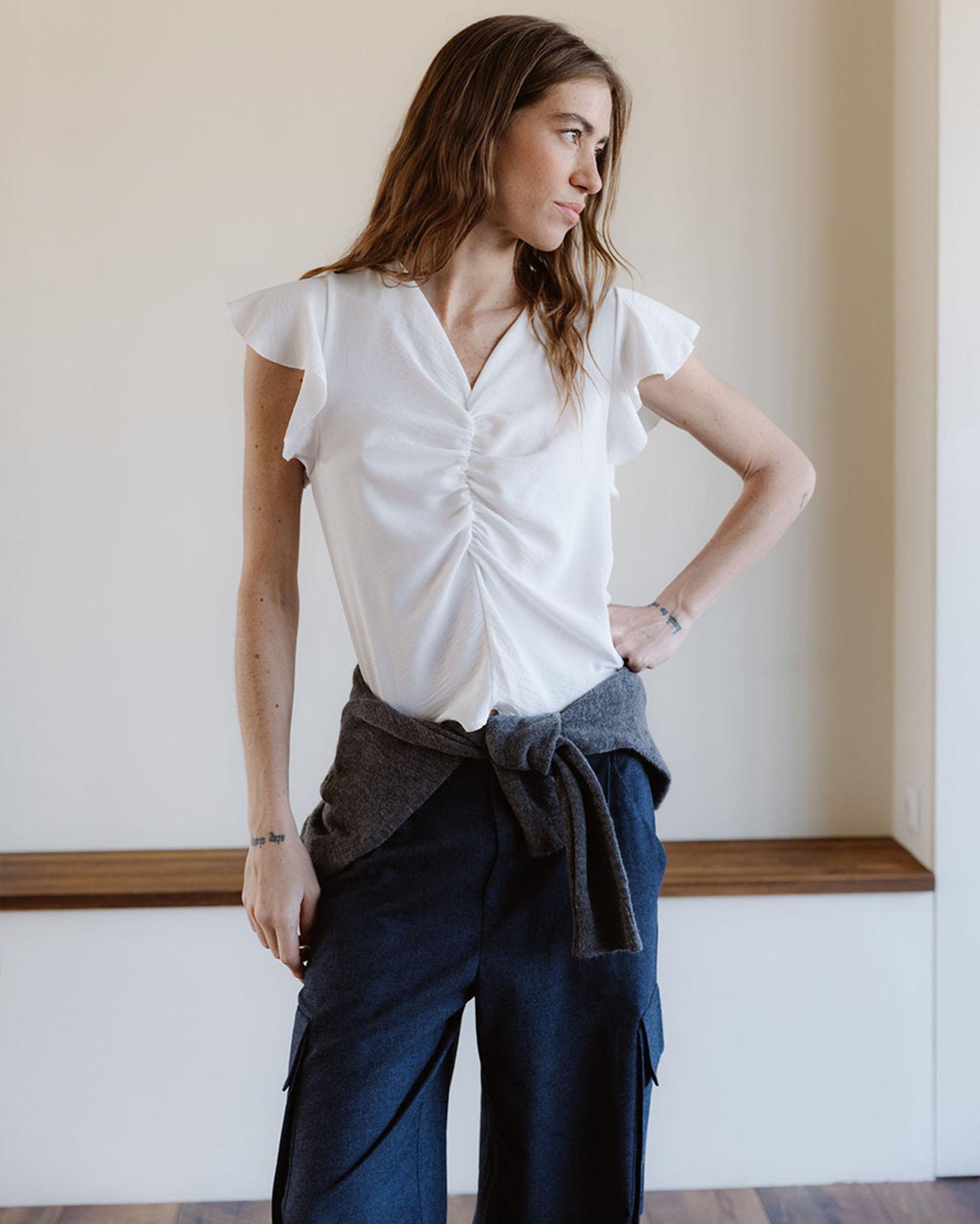 White Gathered Short Sleeve Blouse