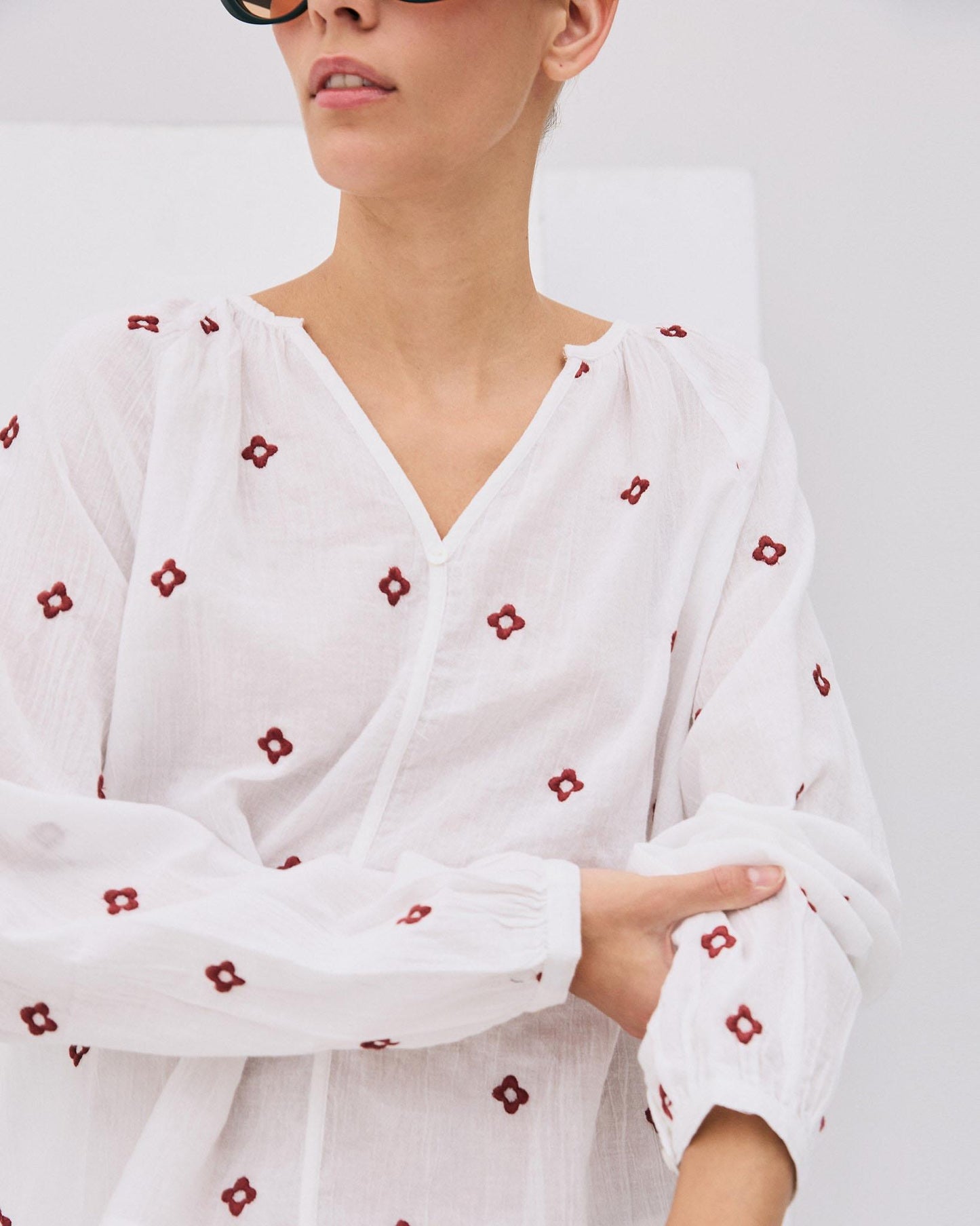 White Floral Embroidered Blouse